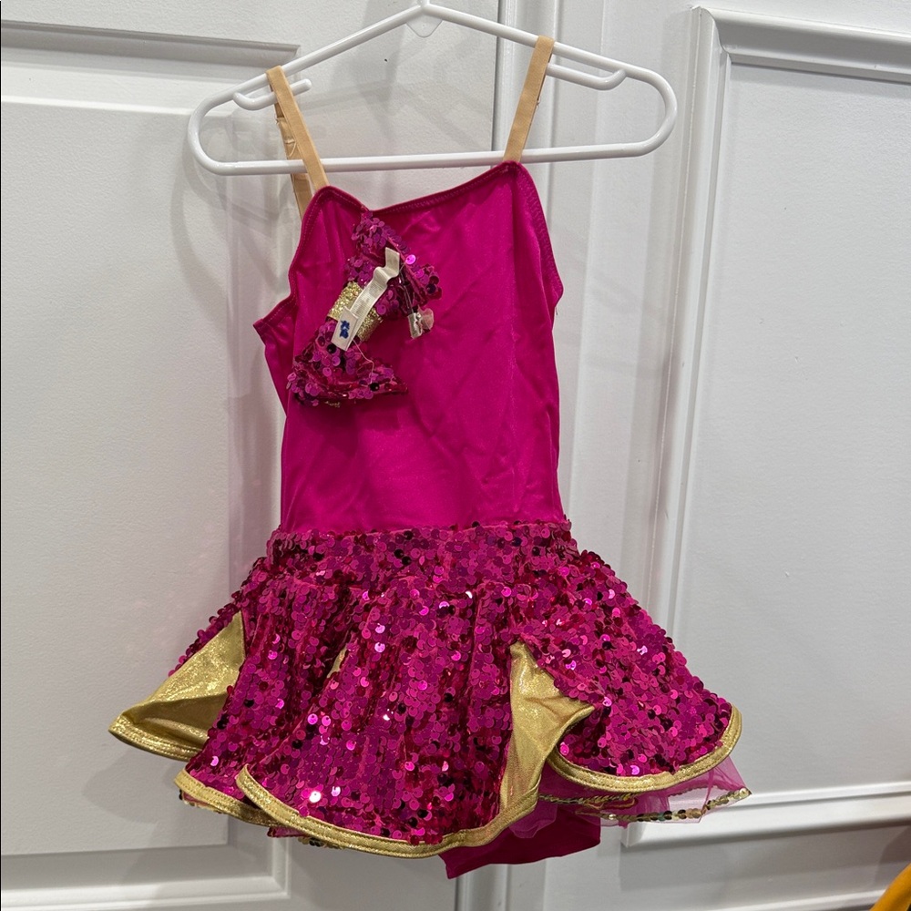 Girls' Hot Pink and Gold Sequin Dance Costume